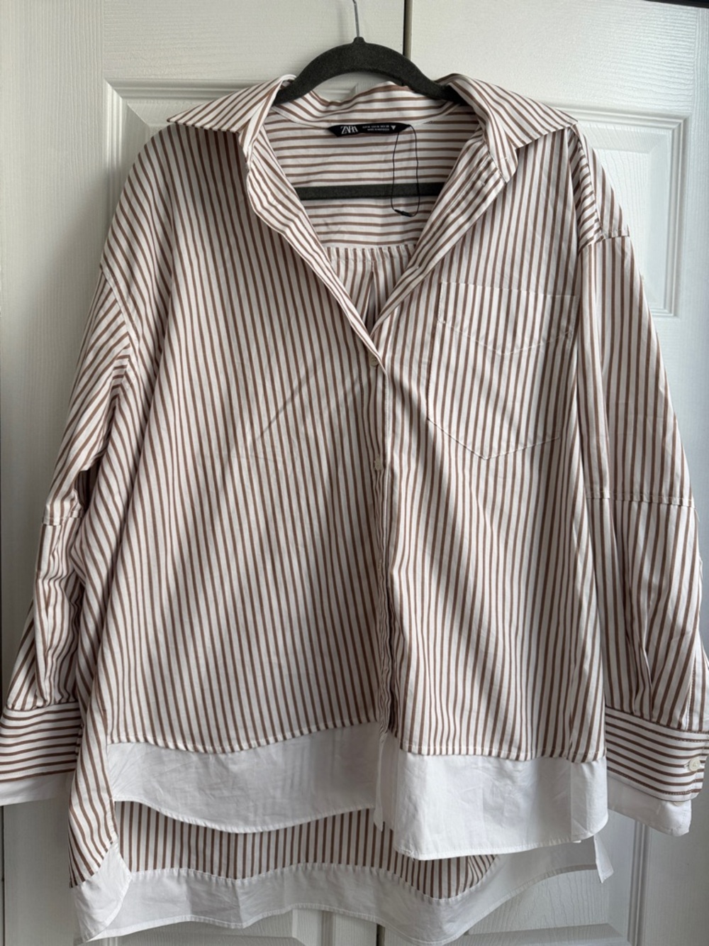 Zara Brown-Striped Layered Hem Shirt - White & Brown